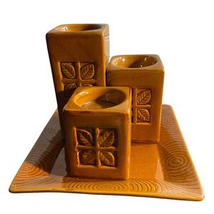 4 Pc Ceramic Set of 3 Candle Pillars 5.5" 3.75" & 3" & 7" Square Matching Dish